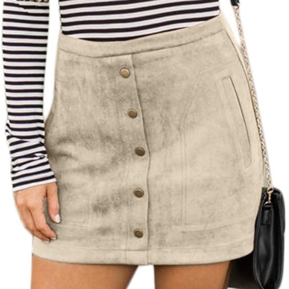 Hyfve Gray Button Front Suede High Waist A-Line Mini Skirt with Pockets / Large - Picture 1 of 9
